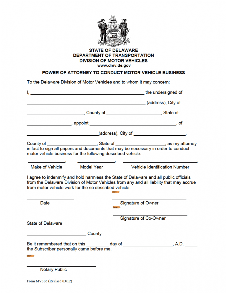Delaware Vehicle Power of Attorney (Form MV386) preview