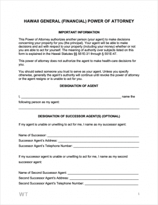 Free Hawaii General (financial) Power Of Attorney Form 