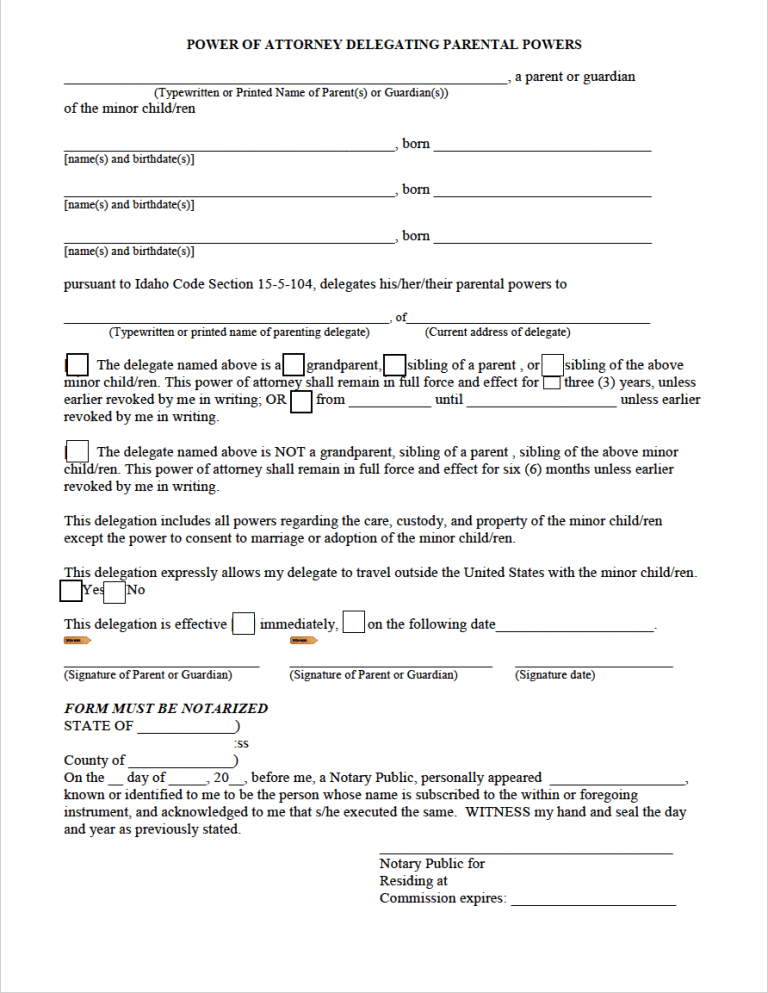 Free Idaho Minor Child Power of Attorney Form | PDF