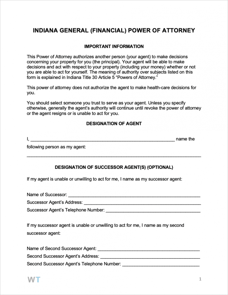 Free Indiana General (Financial) Power of Attorney | PDF | WORD | RTF