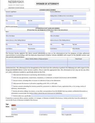 Free Nebraska Motor Vehicle Power of Attorney Form | PDF