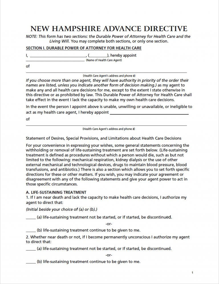 New Hampshire Advance Directive Form preview