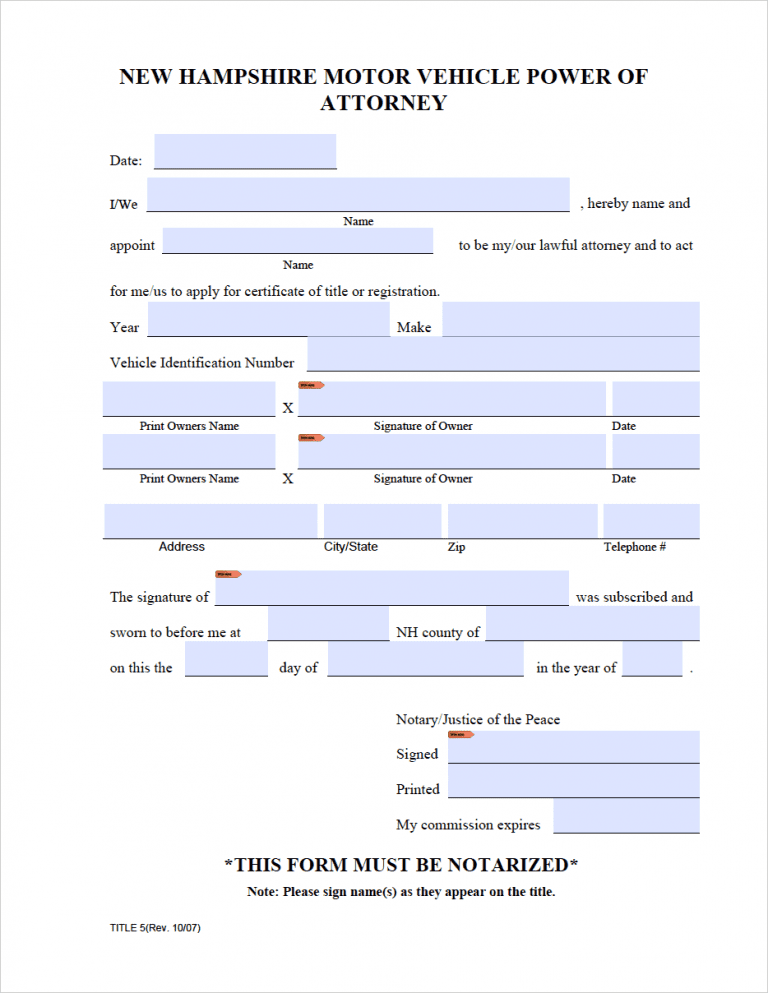 New Hampshire Vehicle Power of Attorney (Title 5) preview