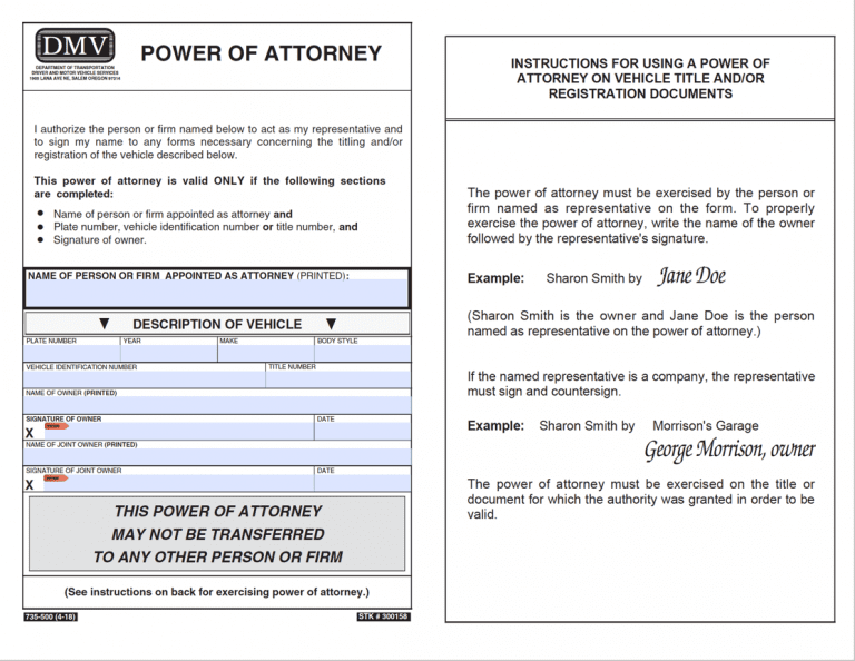 Oregon Vehicle Power of Attorney (Form 735-500) preview