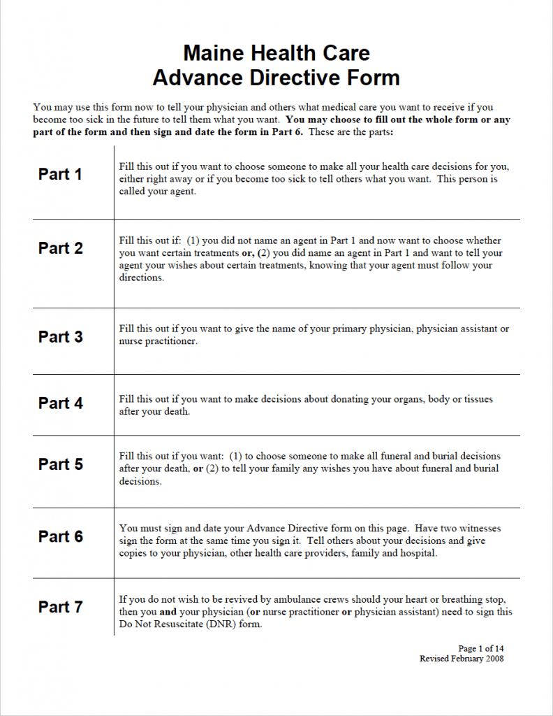 Free Maine Health Care Advance Directive Form | PDF | WORD