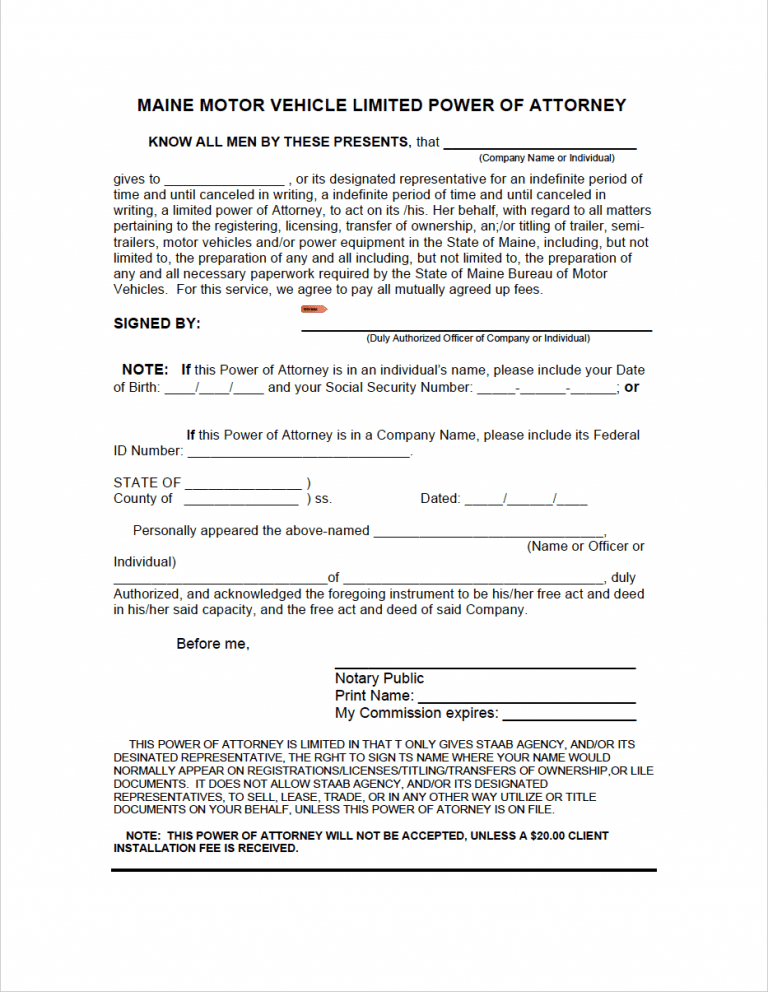 Maine Motor Vehicle Power of Attorney Form preview