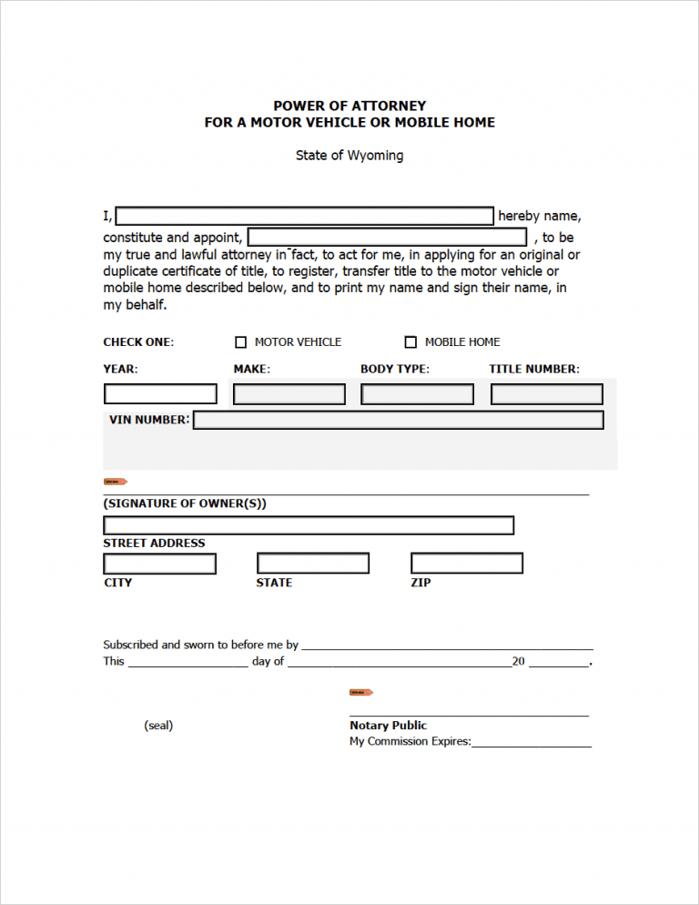 Wyoming Motor Vehicle Power of Attorney Form preview