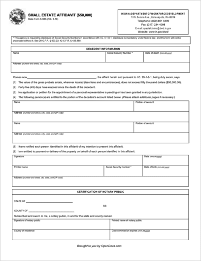 Free Indiana Small Estate Affidavit Form 54985 PDF WORD