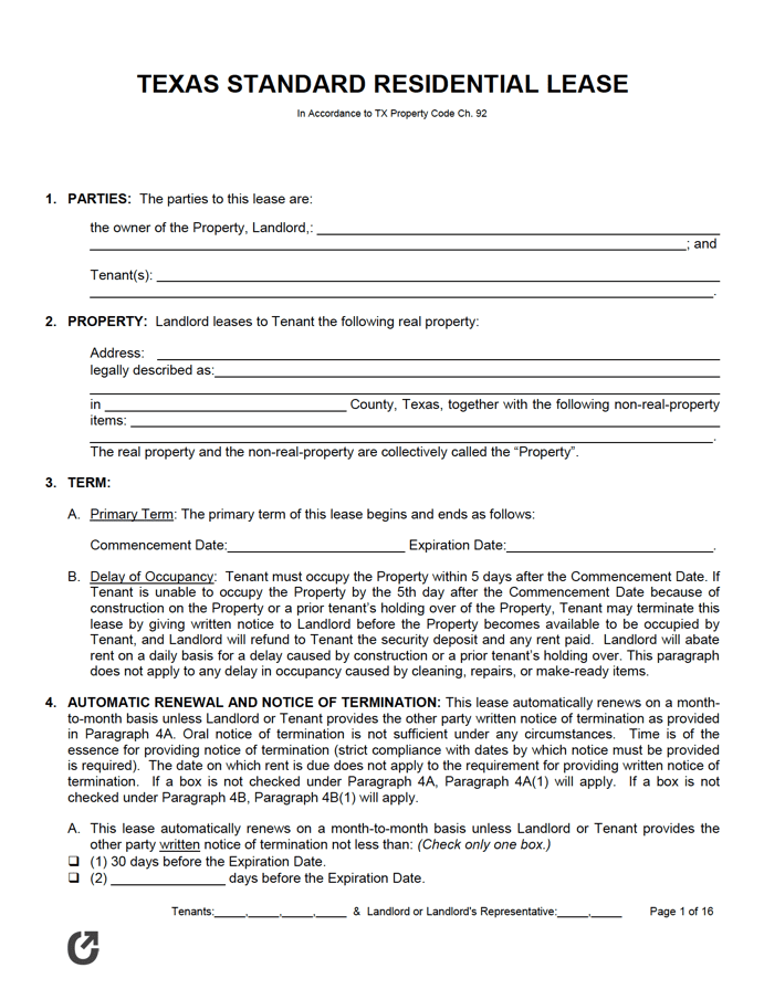 texas rental agreement template