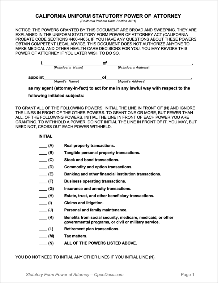 Free California Power Of Attorney Forms Pdf Word 7039