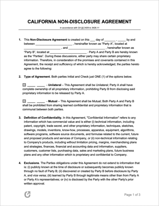 Free California NonDisclosure Agreement Template PDF WORD