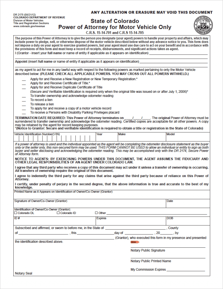Colorado Vehicle Power of Attorney (DR 2175) preview