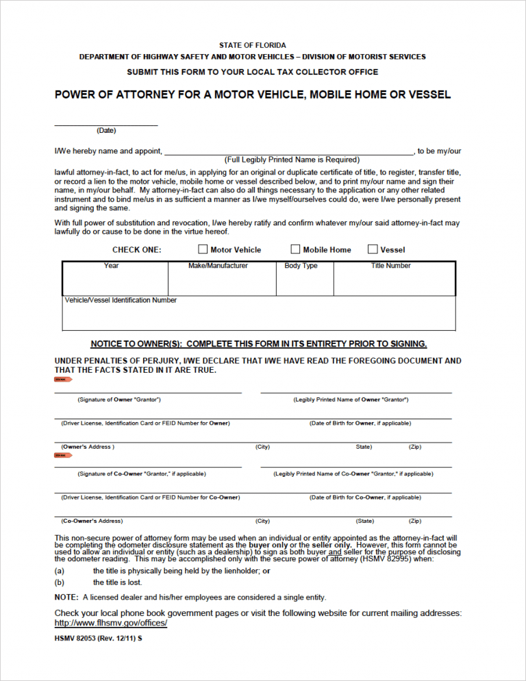 Florida Vehicle Power of Attorney (HSMV 82053) preview