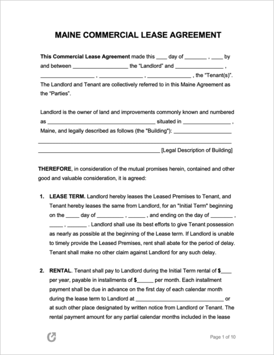 Free Maine Commercial Lease Agreement PDF WORD RTF