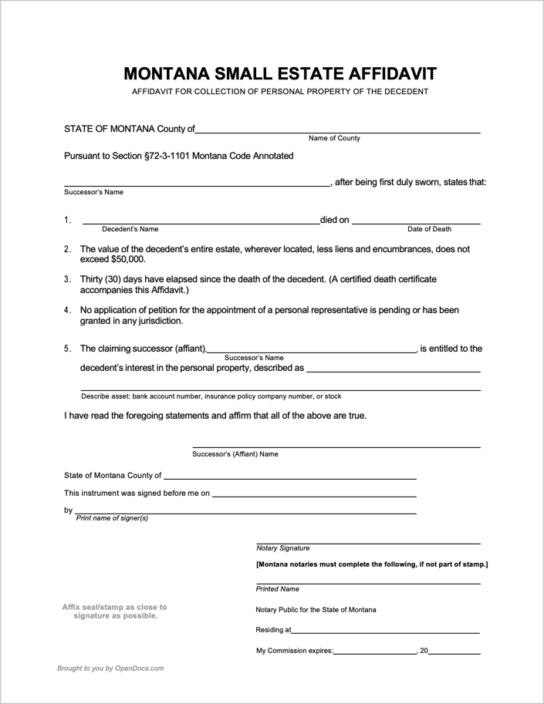 Free Montana Small Estate Affidavit Form | PDF | WORD