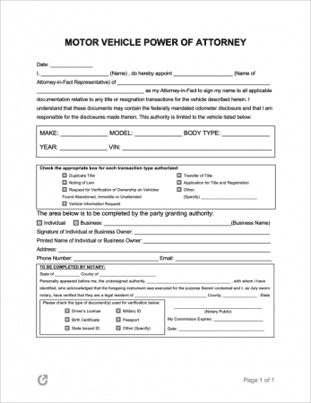 Motor Vehicle Power of Attorney Form