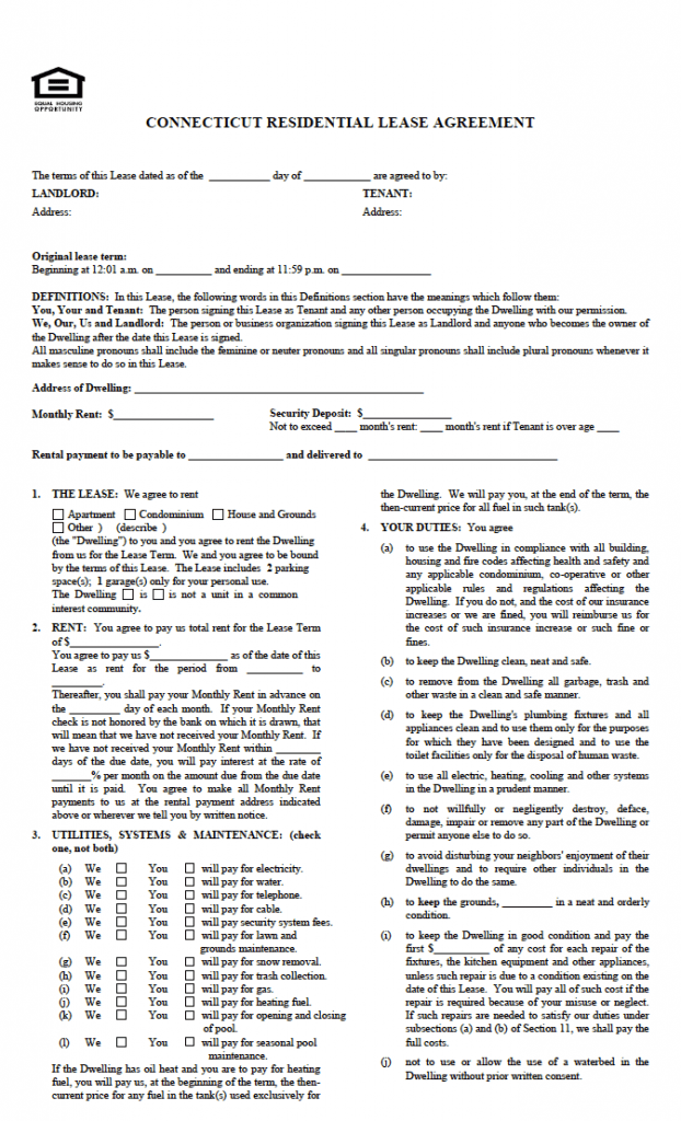 Free Connecticut Standard Residential Lease Agreement PDF WORD