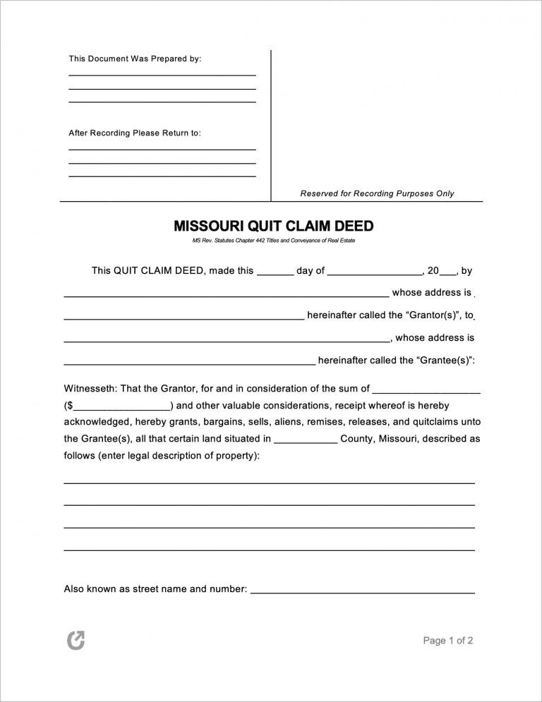 Missouri Quit Claim Deed Form preview