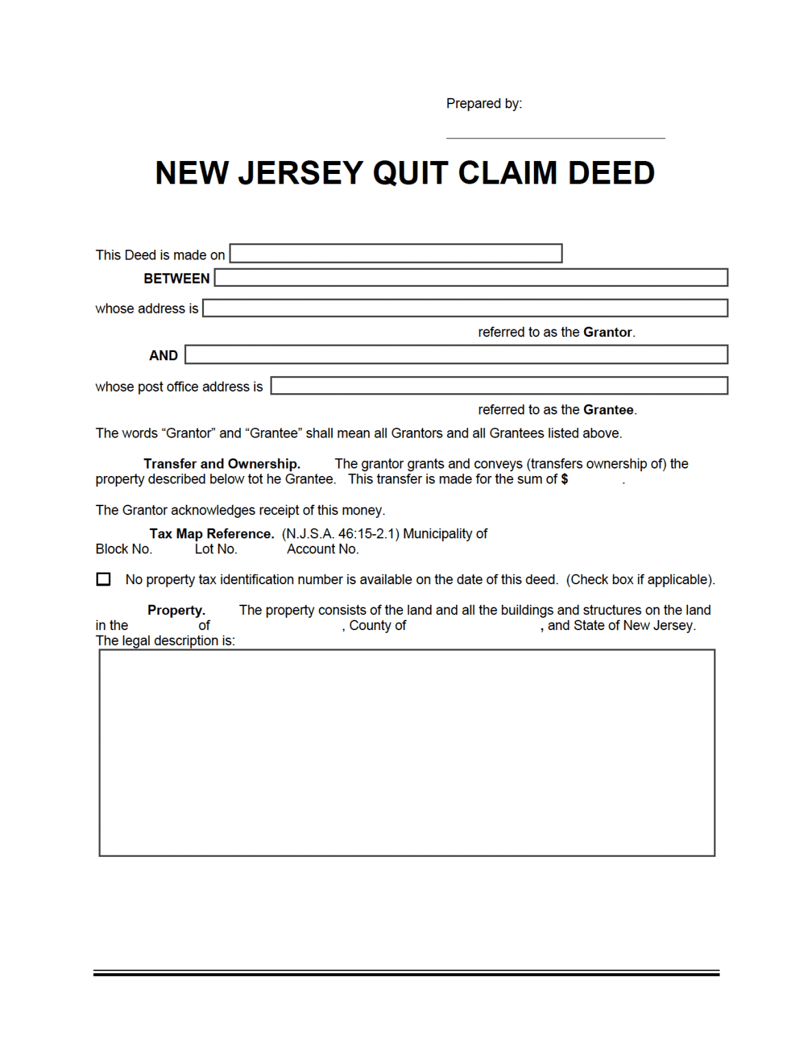 Free New Jersey Quit Claim Deed Form PDF