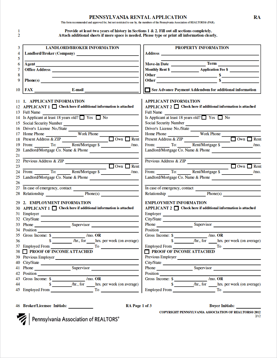 Free Pennsylvania Rental Application PDF WORD