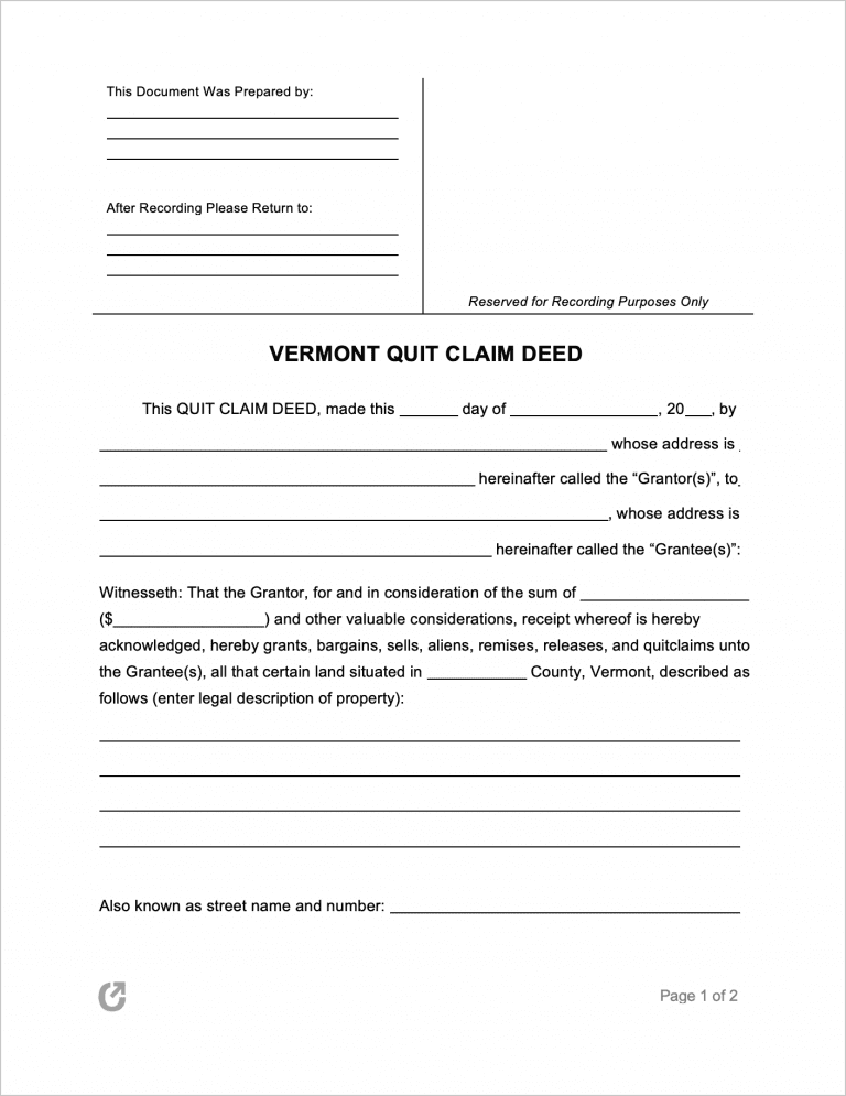 Vermont Quit Claim Deed Form preview