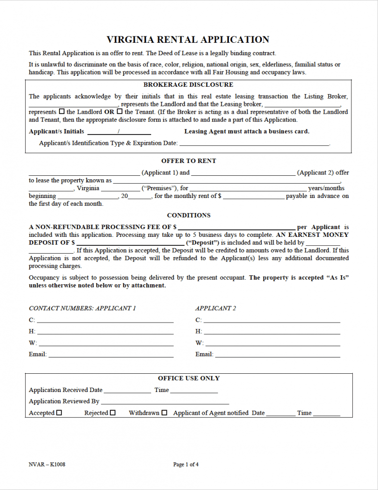 Virginia Rental Application | Form K1008 preview