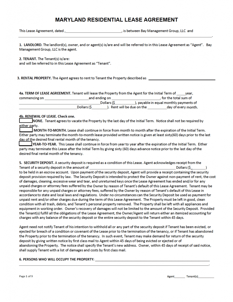 Free Maryland Standard Residential Lease Agreement PDF WORD