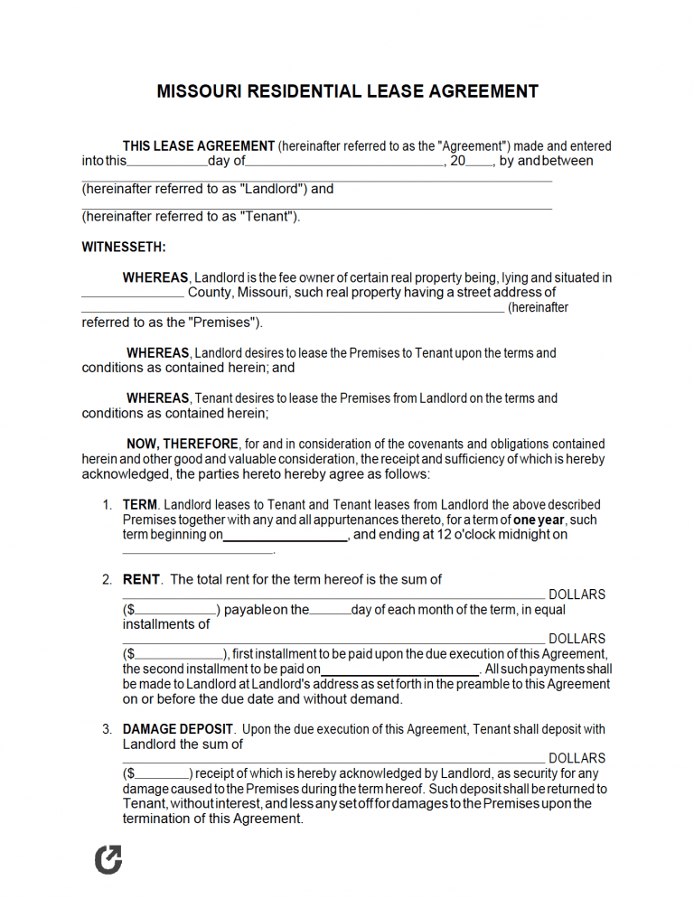 Free Missouri Rental Lease Agreement Templates | PDF | WORD