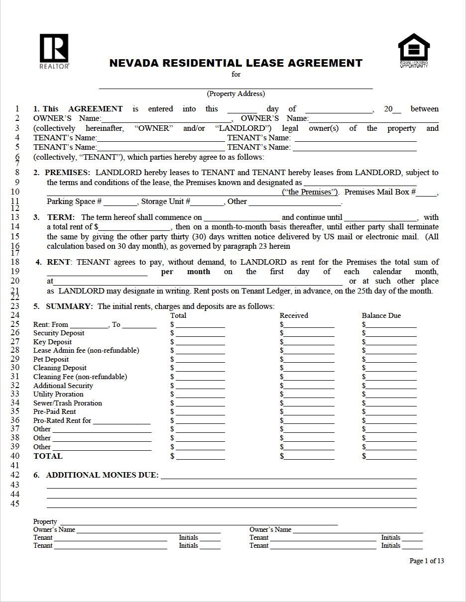 Free Nevada Standard Residential Lease Agreement PDF Free Nevada Standard Residential Lease Agreement PDF