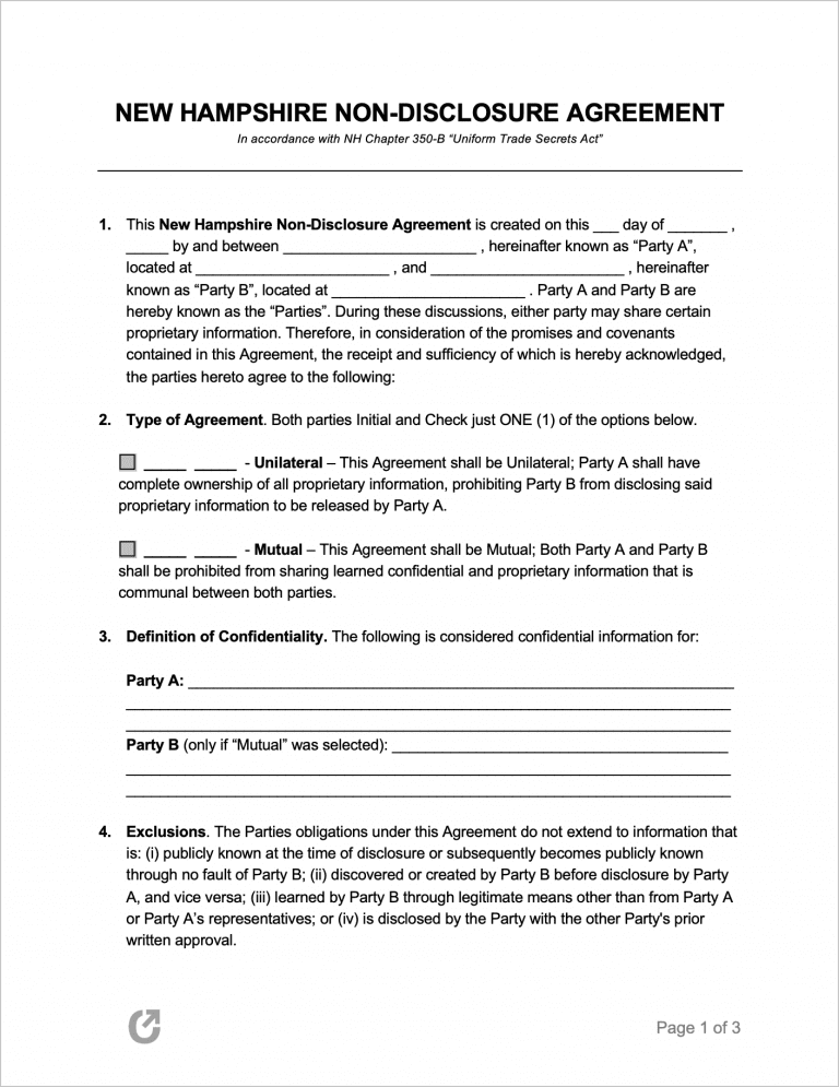 Free New Hampshire Non-Disclosure Agreement | PDF | WORD