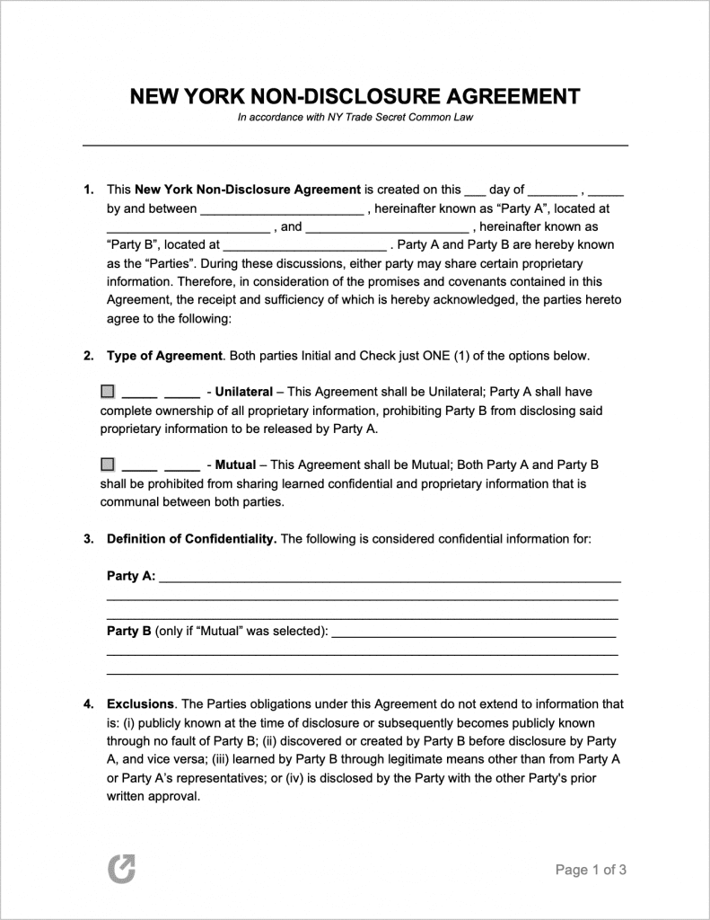 Free New York Non-Disclosure Agreement Template | PDF | WORD