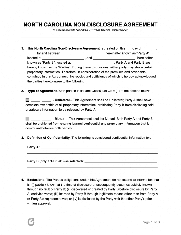 Free North Carolina Non-Disclosure Agreement Template | PDF | WORD