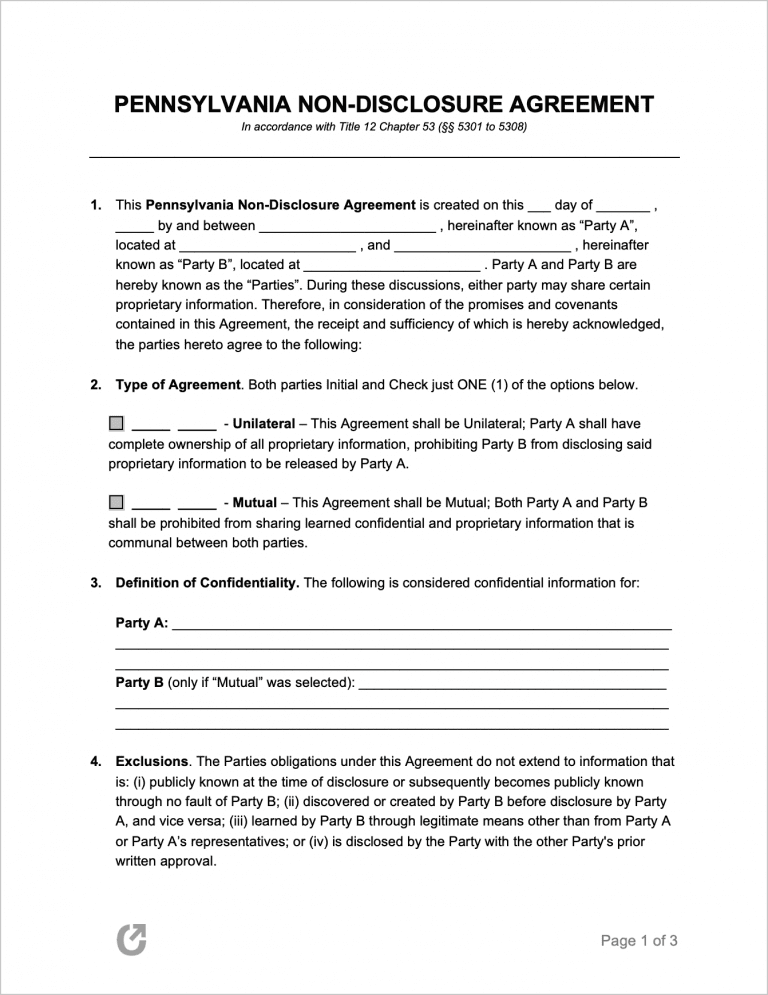 Free Pennsylvania NonDisclosure Agreement Template PDF WORD