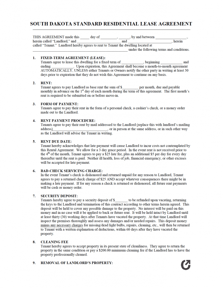 Free South Dakota Rental Lease Agreement Templates PDF WORD
