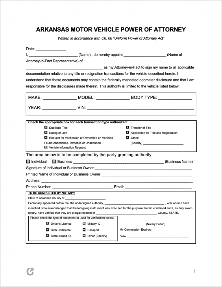 Arkansas Motor Vehicle Power of Attorney Form preview