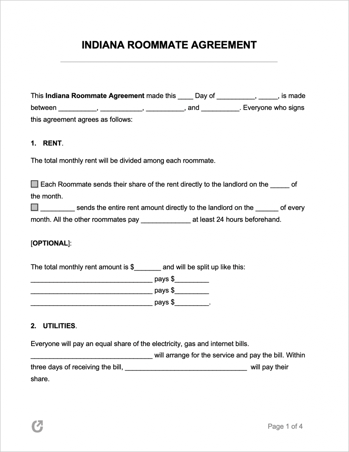 Free Indiana Roommate Agreement PDF WORD