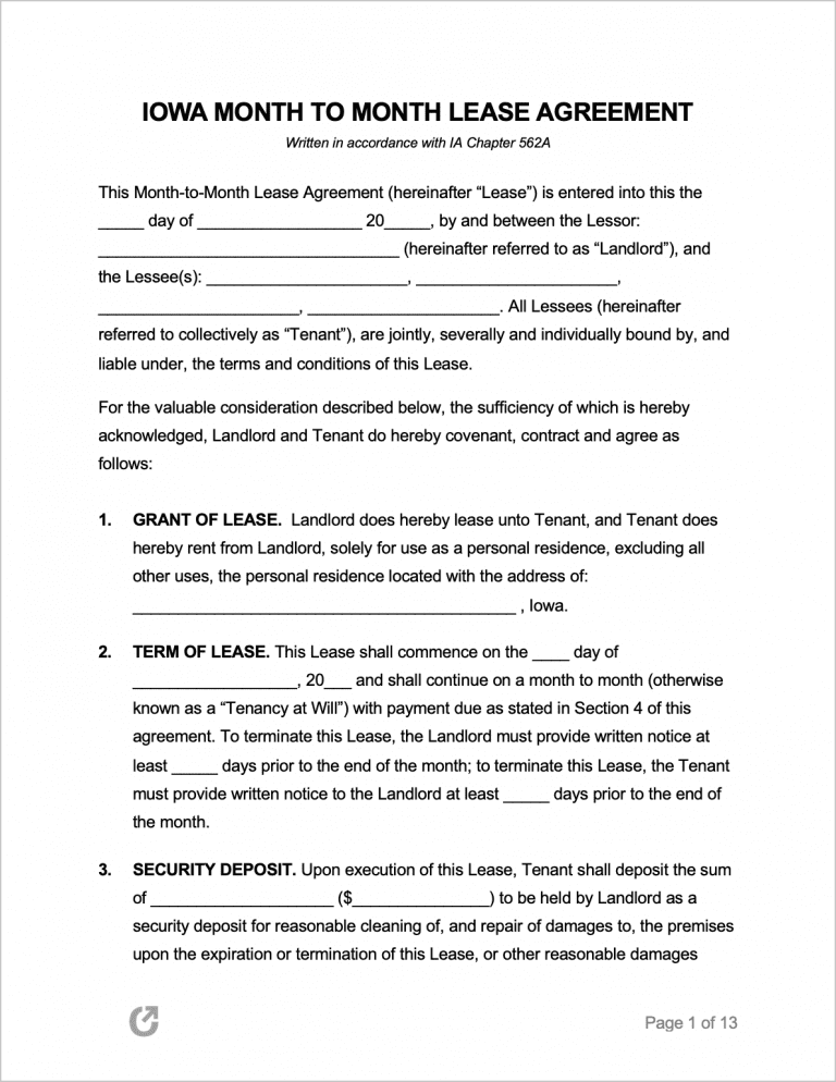 Free Iowa MonthtoMonth Rental Agreement PDF WORD