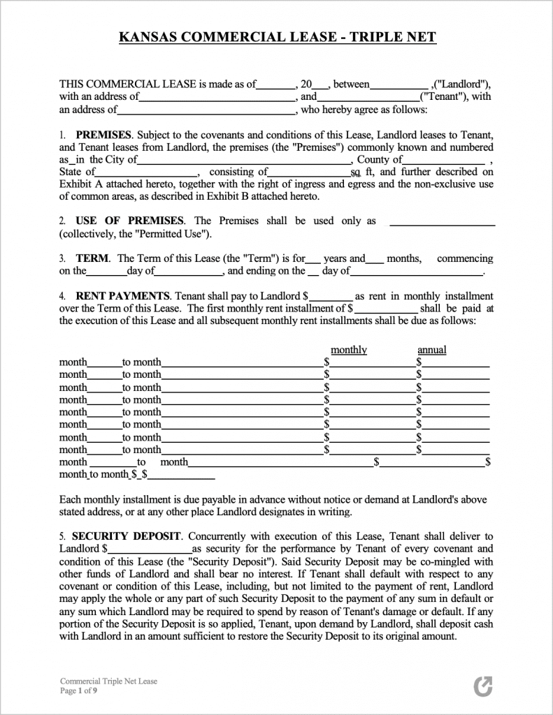 Free Kansas Commercial Lease Agreement (NNN) PDF WORD