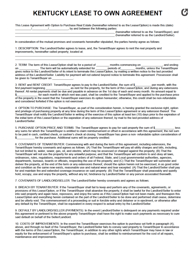Free Kentucky Lease to Own Agreement PDF WORD