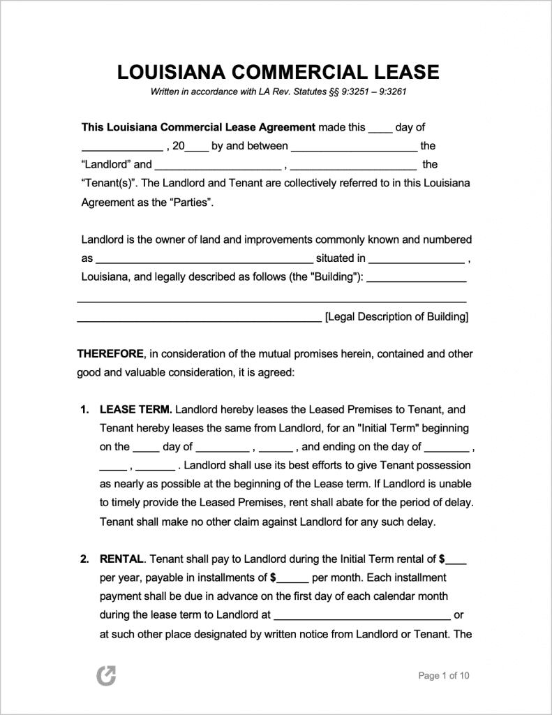Free Louisiana Commercial Lease Agreement PDF WORD