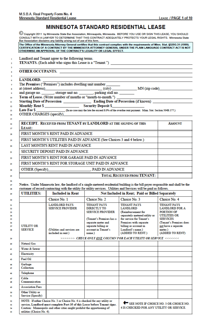 Free Minnesota Standard Residential Lease Agreement PDF