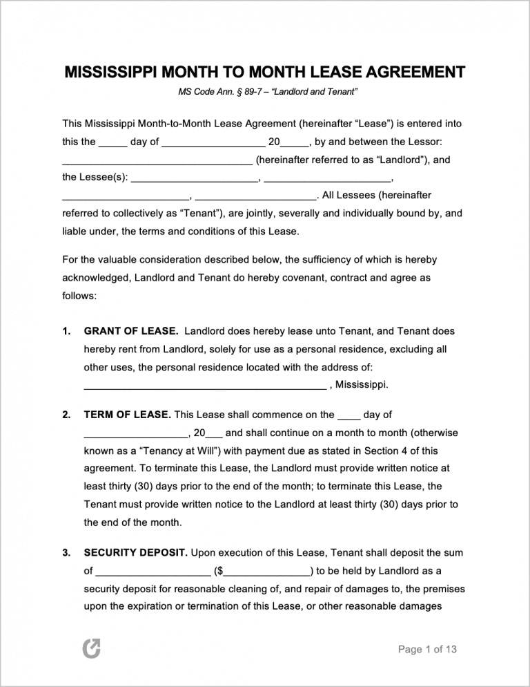 Free Mississippi Rental Lease Agreement Templates PDF WORD