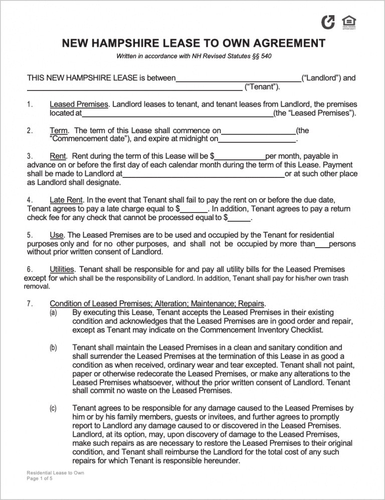 Free New Hampshire Lease to Own Agreement PDF WORD