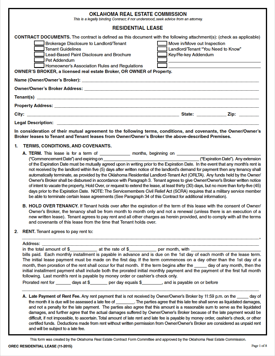 Free Oklahoma Standard Residential Lease Agreement PDF WORD Free Oklahoma Standard Residential Lease Agreement PDF WORD