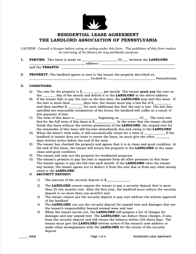 Free Pennsylvania Standard Residential Lease Agreement PDF WORD Free Pennsylvania Standard Residential Lease Agreement PDF WORD