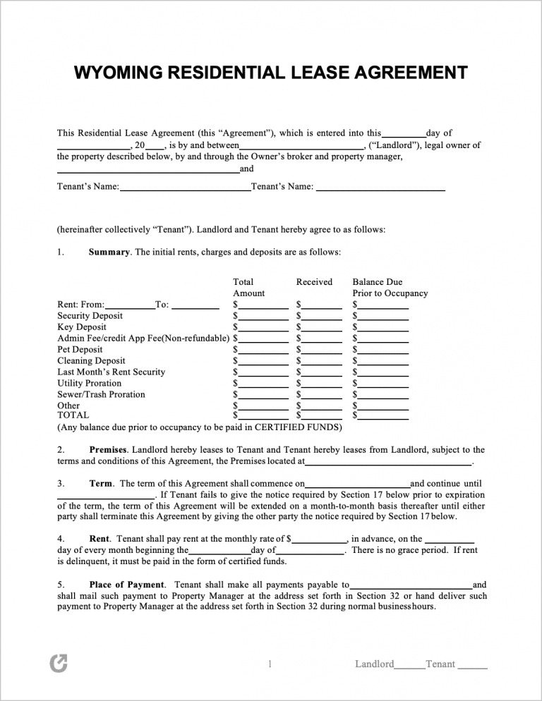 Wyoming Standard Residential Lease Agreement preview