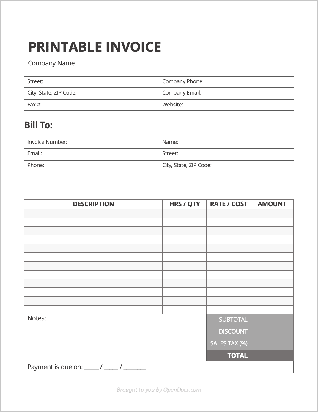Free Printable Invoice Template PDF WORD EXCEL