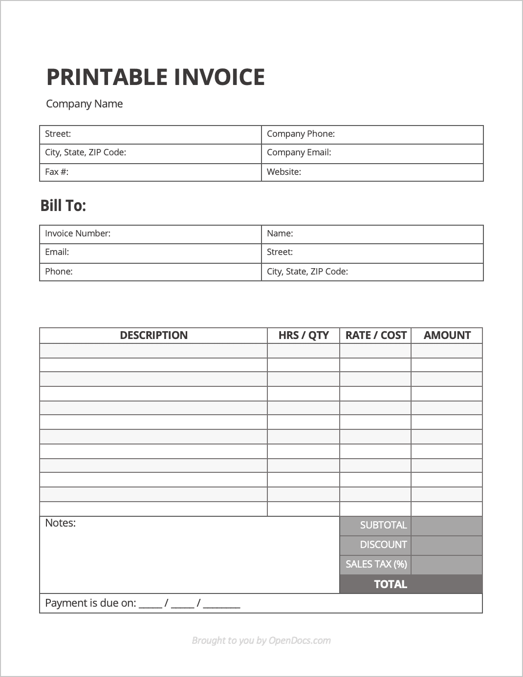 Free Printable Invoice Template Pdf Word Excel