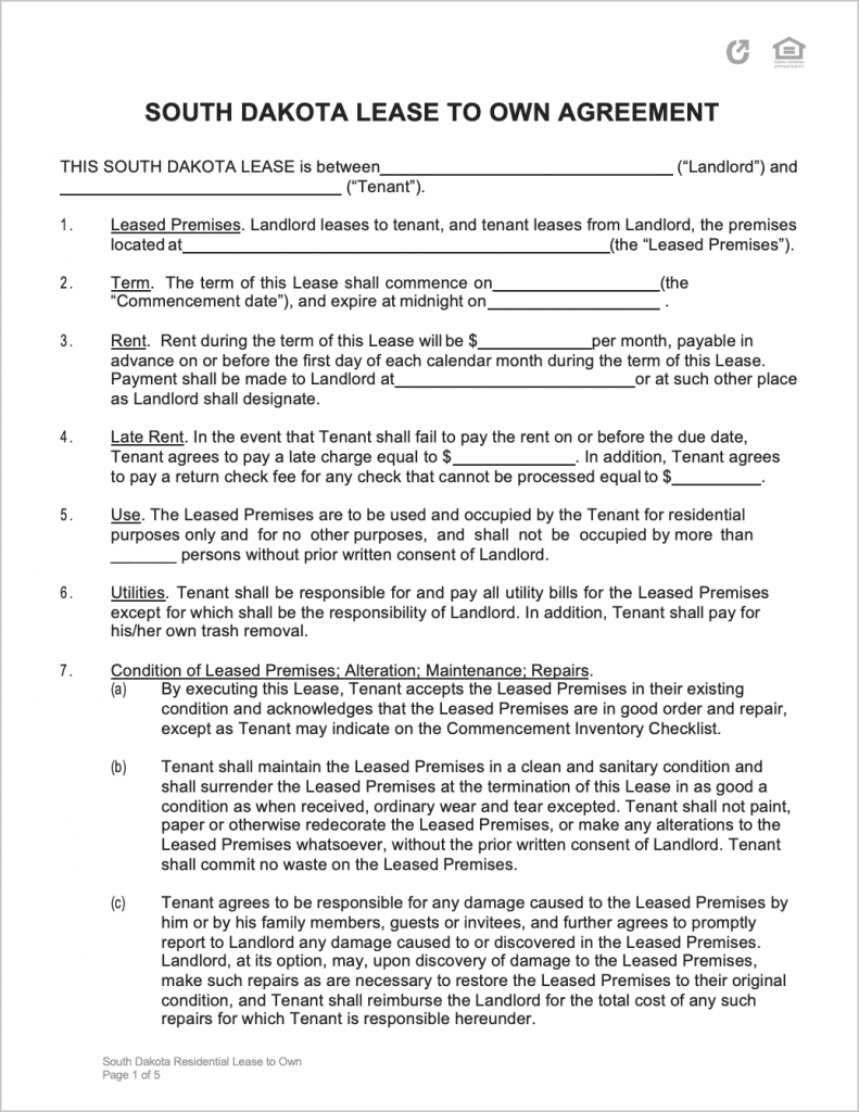 Free South Dakota Lease to Own Agreement PDF WORD