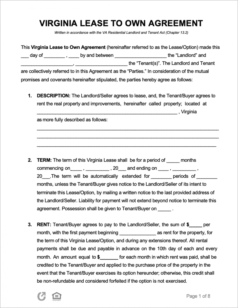 Free Virginia Lease to Own Agreement PDF WORD